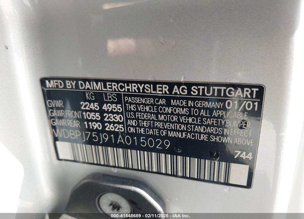 2001 MERCEDES-BENZ CL 500 VIN: WDBPJ75J91A015029