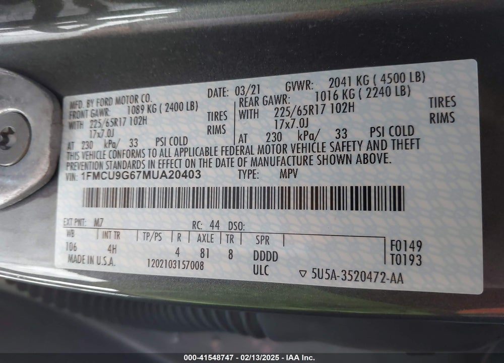 2021 FORD ESCAPE SE VIN: 1FMCU9G67MUA20403