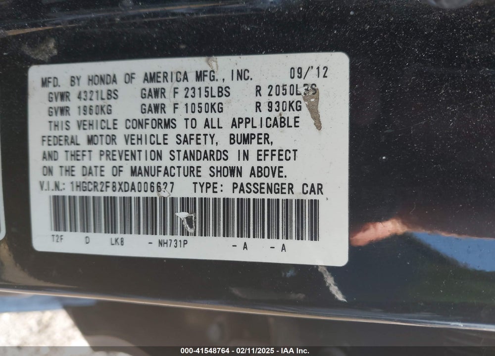 2013 HONDA ACCORD VIN: 1HGCR2F8XDA006627