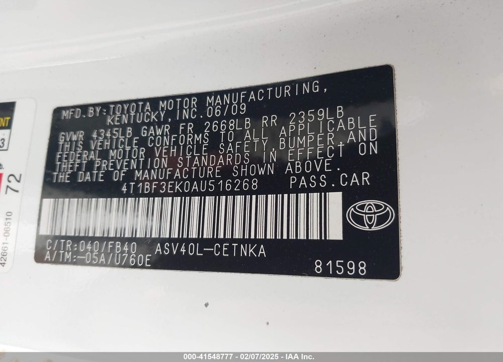 2010 TOYOTA CAMRY VIN: 4T1BF3EK0AU516268