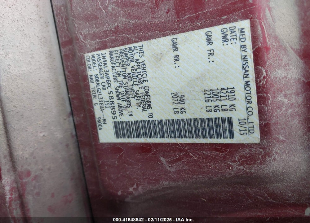 2015 NISSAN ALTIMA VIN: 1N4AL3AP6FC588895