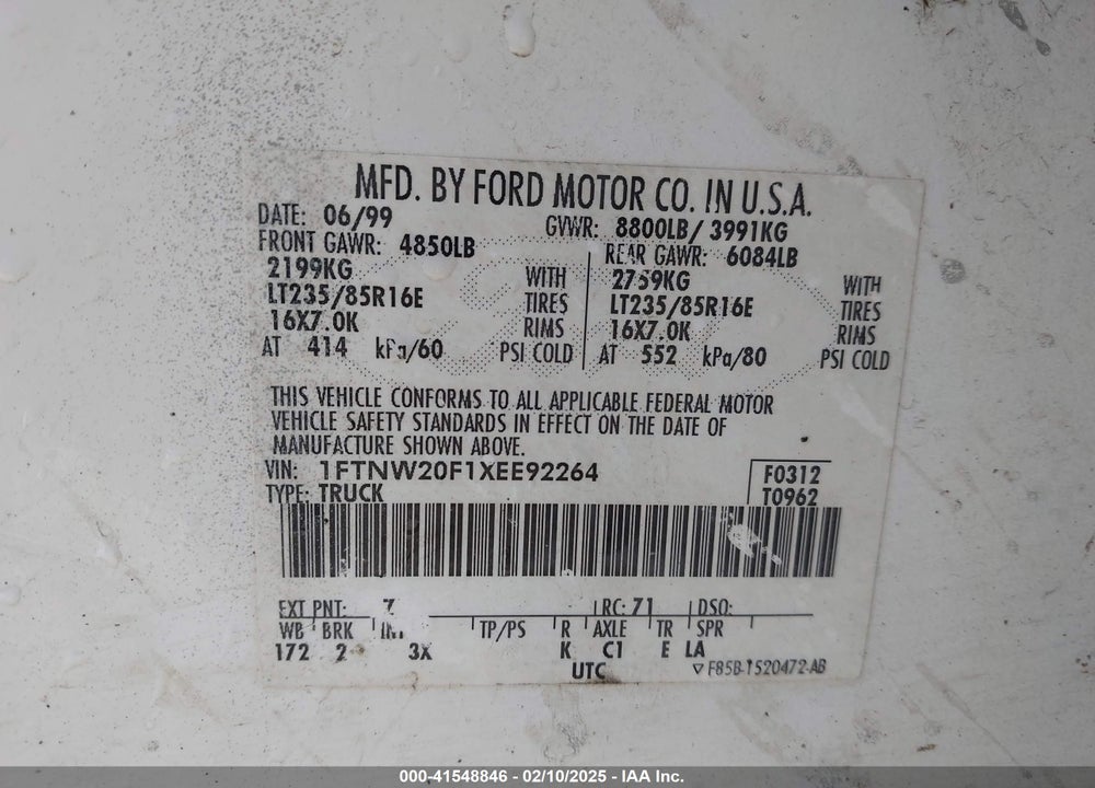 1999 FORD F-250 LARIAT/XL/XLT VIN: 1FTNW20F1XEE92264