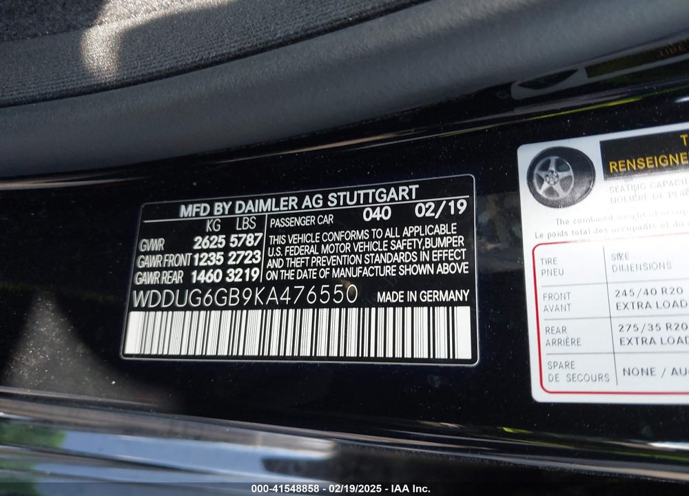 2019 MERCEDES-BENZ S CLASS VIN: WDDUG6GB9KA476550