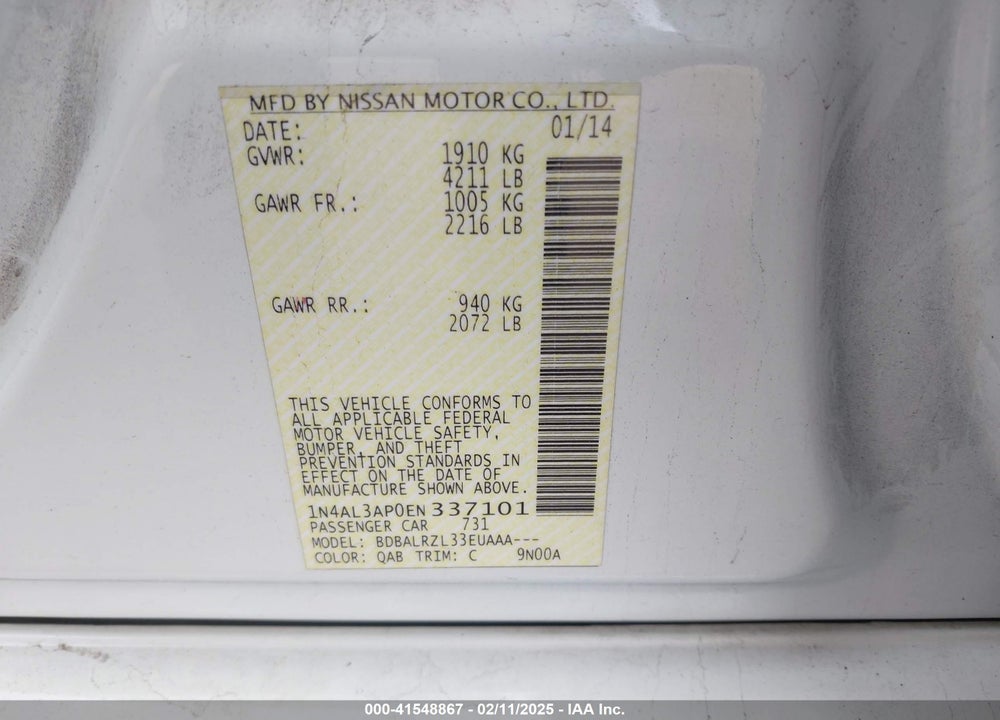2014 NISSAN ALTIMA VIN: 1N4AL3AP0EN337101