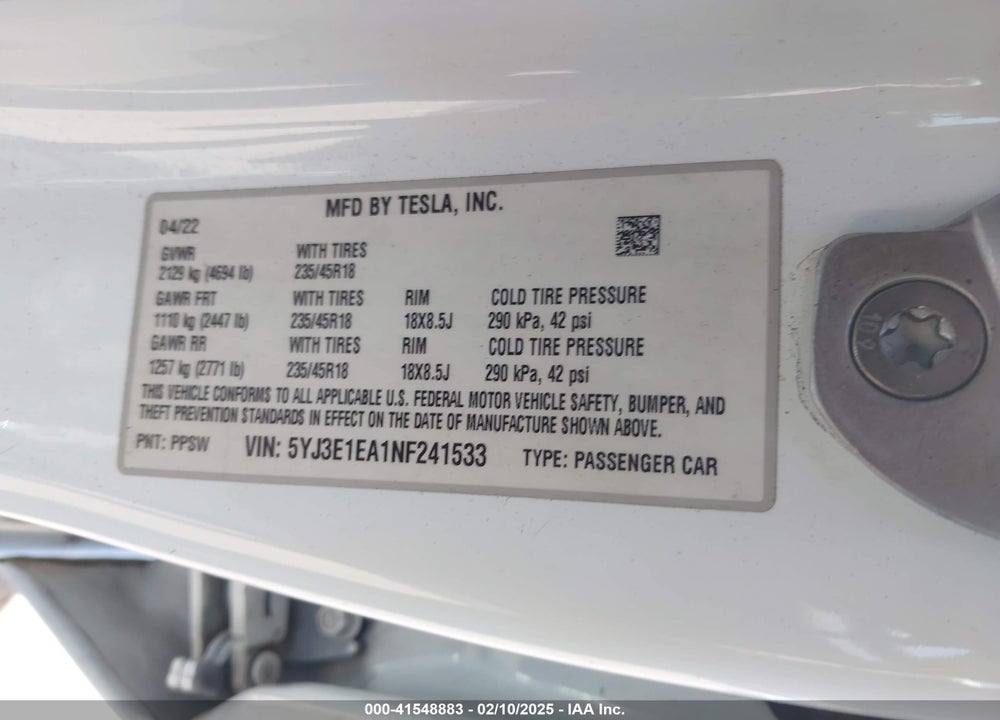 2022 TESLA MODEL 3 REAR-WHEEL DRIVE VIN: 5YJ3E1EA1NF241533
