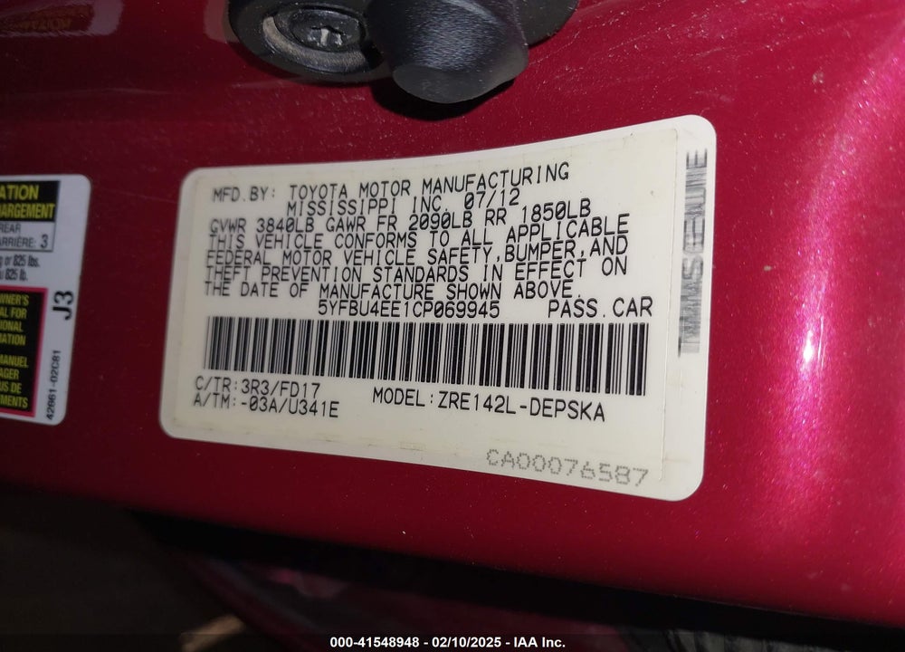 2012 TOYOTA COROLLA VIN: 5YFBU4EE1CP069945
