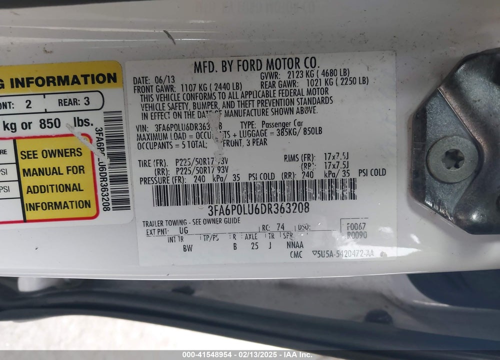 2013 FORD FUSION HYBRID VIN: 3FA6P0LU6DR363208