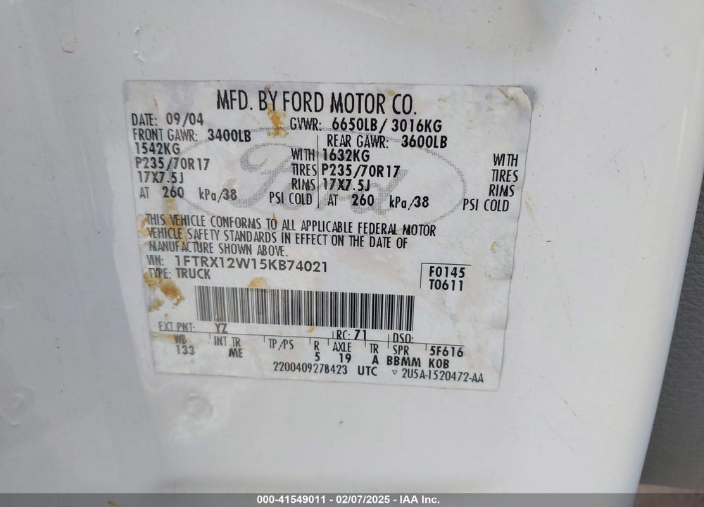 2005 FORD F-150 STX/XL/XLT VIN: 1FTRX12W15KB74021