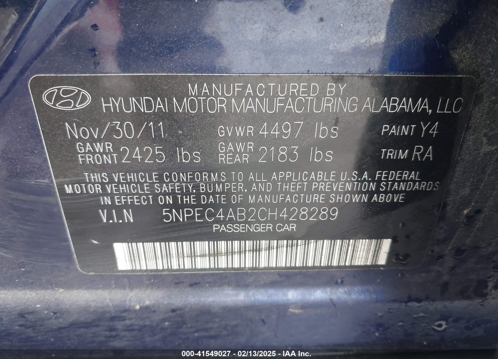 2012 HYUNDAI SONATA VIN: 5NPEC4AB2CH428289