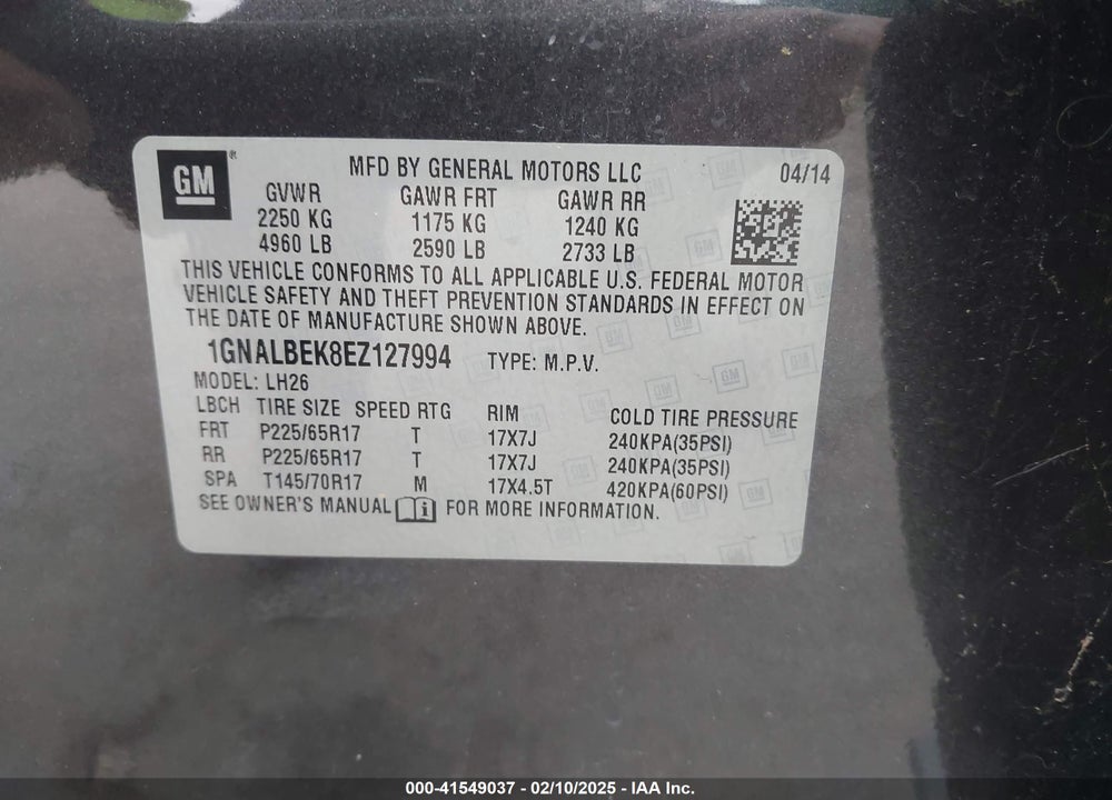 2014 CHEVROLET EQUINOX 1LT VIN: 1GNALBEK8EZ127994