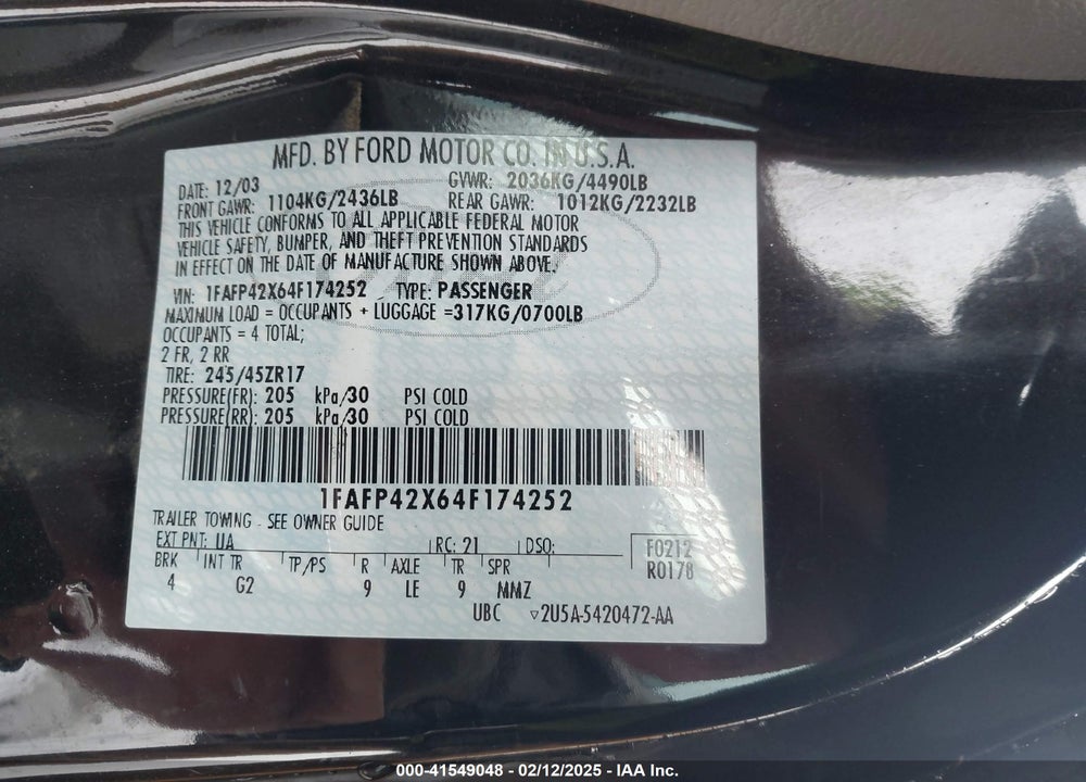 2004 FORD MUSTANG GT VIN: 1FAFP42X64F174252
