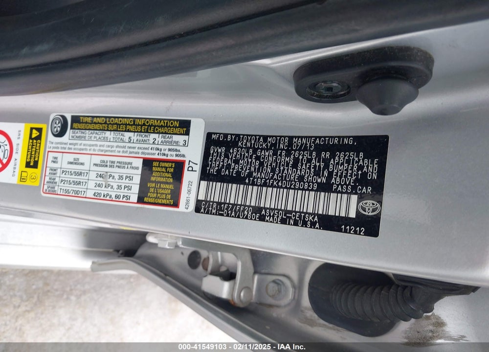 2013 TOYOTA CAMRY VIN: 4T1BF1FK4DU290839