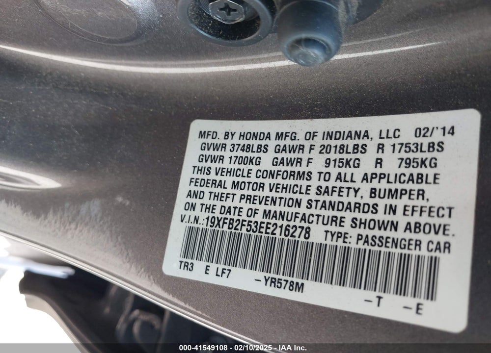 2014 HONDA CIVIC VIN: 19XFB2F53EE216278