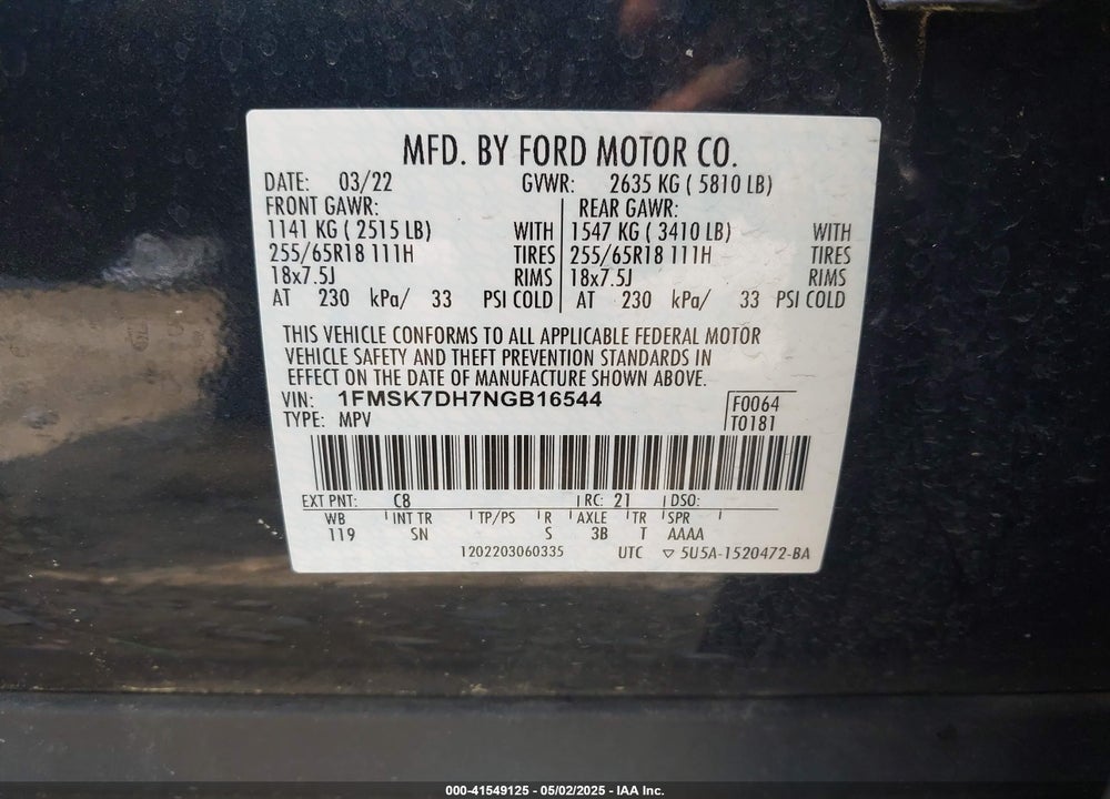 2022 FORD EXPLORER VIN: 1FMSK7DH7NGB16544