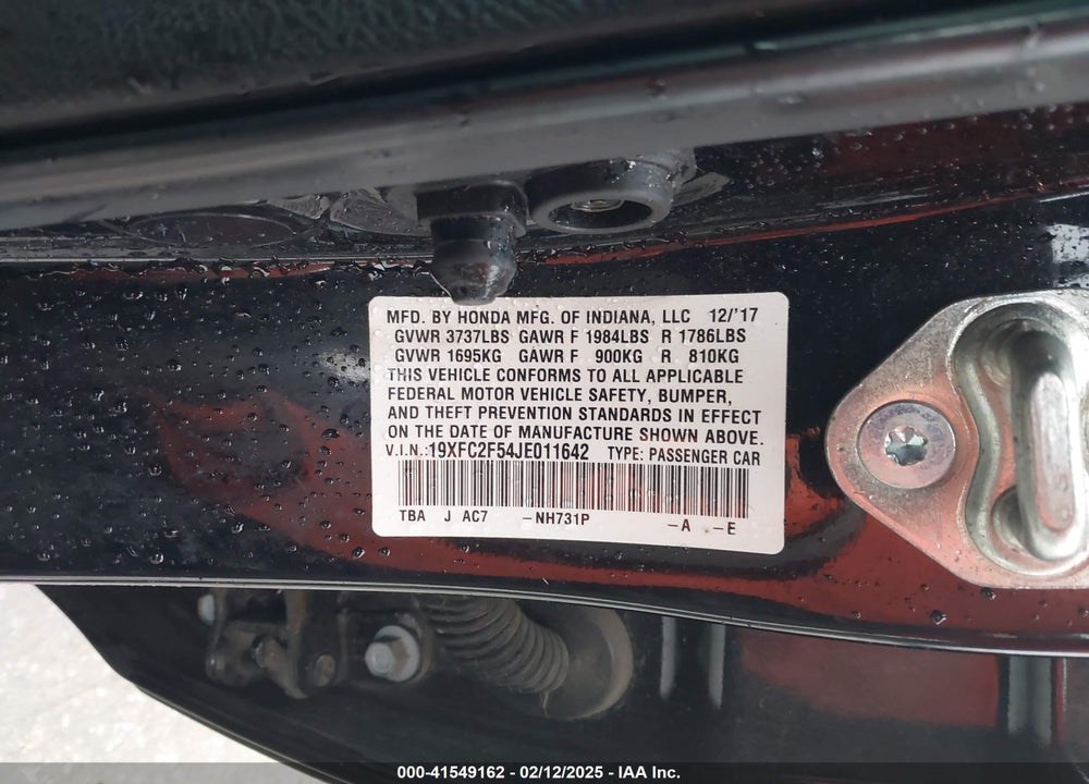 2018 HONDA CIVIC VIN: 19XFC2F54JE011642