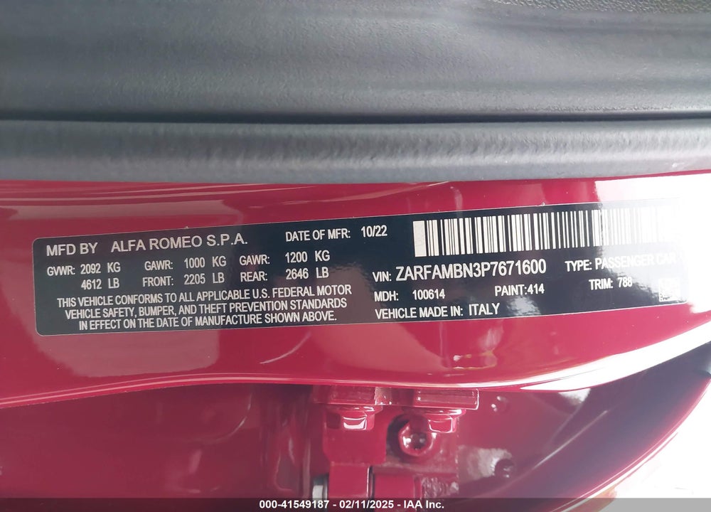 2023 ALFA ROMEO GIULIA VIN: ZARFAMBN3P7671600