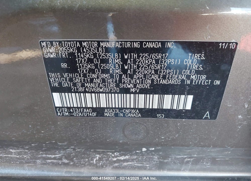 2011 TOYOTA RAV4 VIN: 2T3BF4DV6BW097370