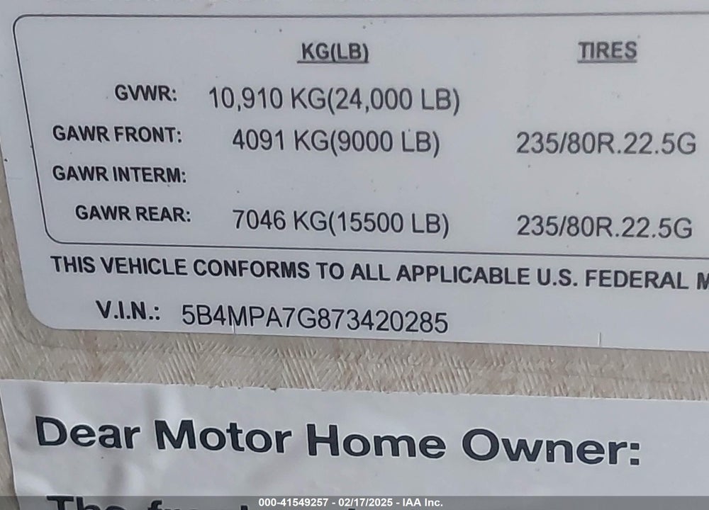 2007 WORKHORSE CUSTOM CHASSIS MOTORHOME CHASSIS W24 VIN: 5B4MPA7G873420285