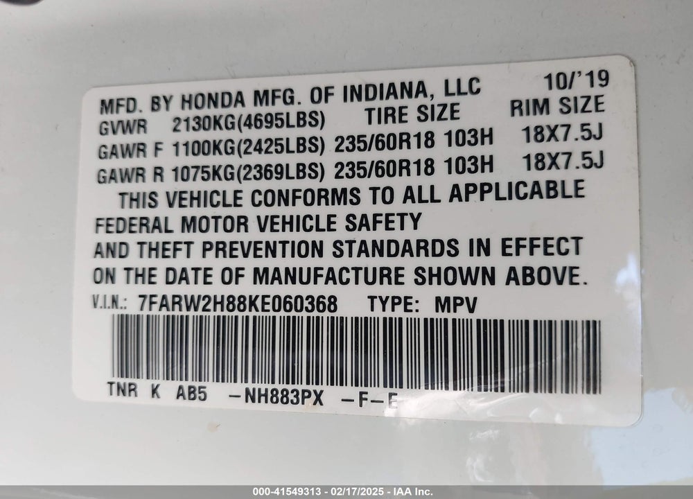 2019 HONDA CR-V VIN: 7FARW2H88KE060368