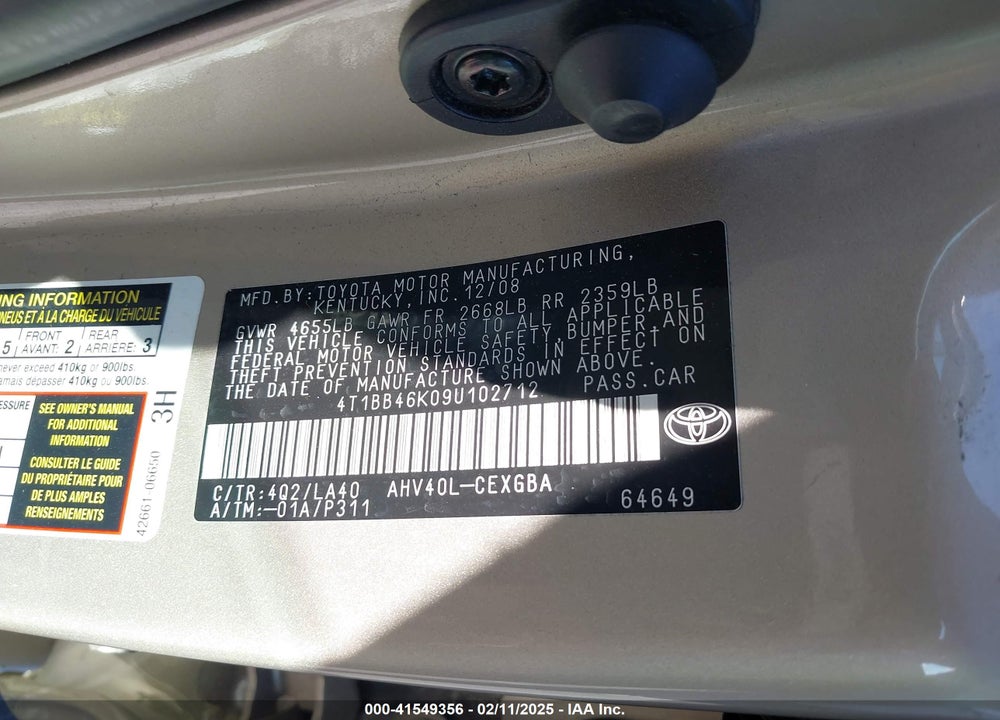 2009 TOYOTA CAMRY HYBRID VIN: 4T1BB46K09U102712