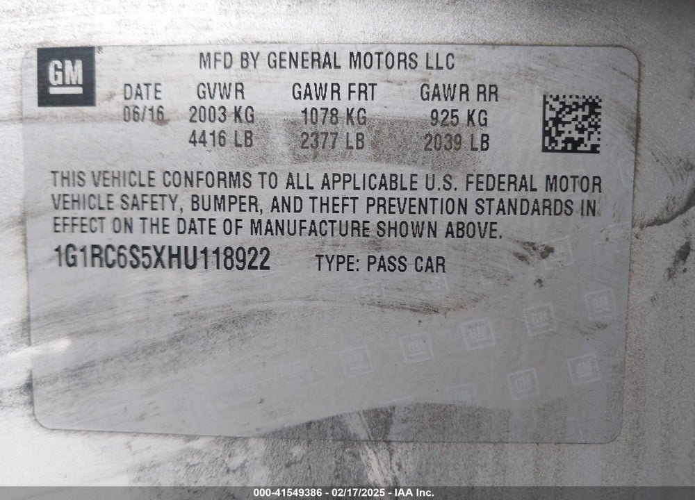 2017 CHEVROLET VOLT VIN: 1G1RC6S5XHU118922