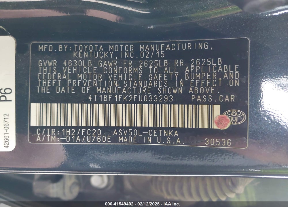 2015 TOYOTA CAMRY VIN: 4T1BF1FK2FU033293