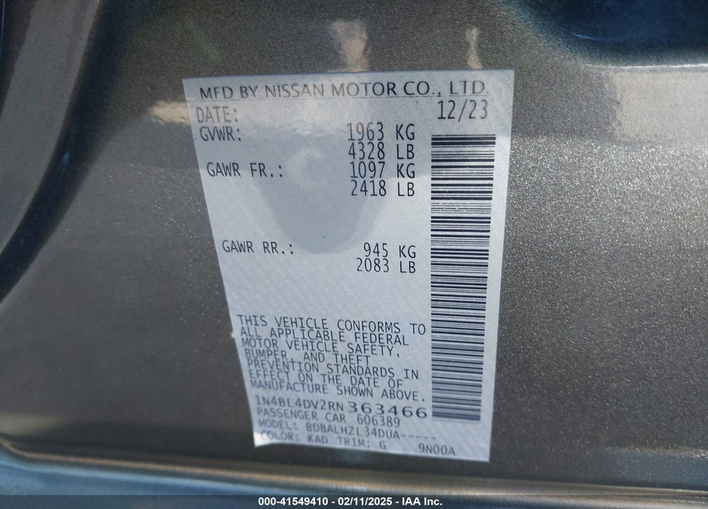 2024 NISSAN ALTIMA VIN: 1N4BL4DV2RN363466