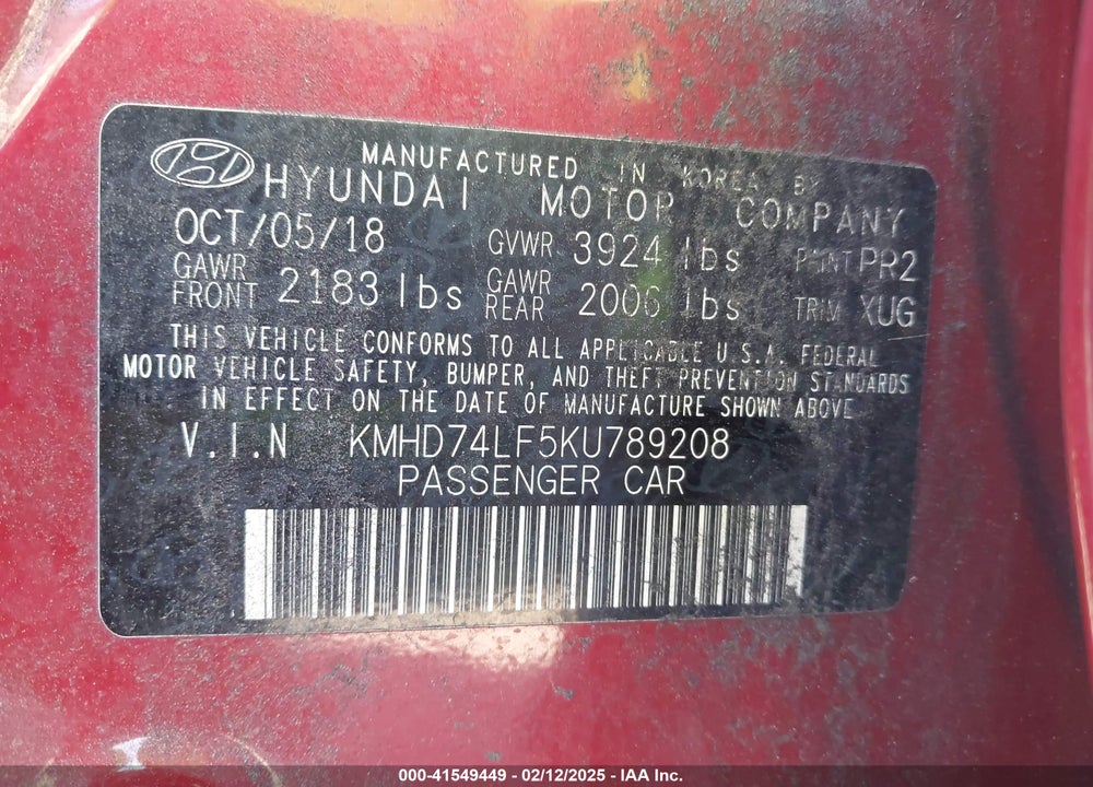 2019 HYUNDAI ELANTRA VIN: KMHD74LF5KU789208