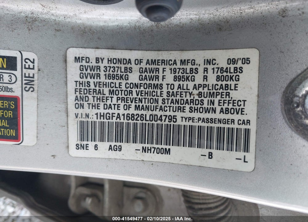 2006 HONDA CIVIC EX VIN: 1HGFA16826L004795