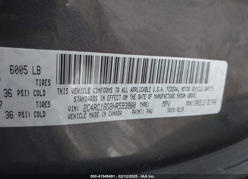 2017 CHRYSLER PACIFICA VIN: 2C4RC1BG8HR593980