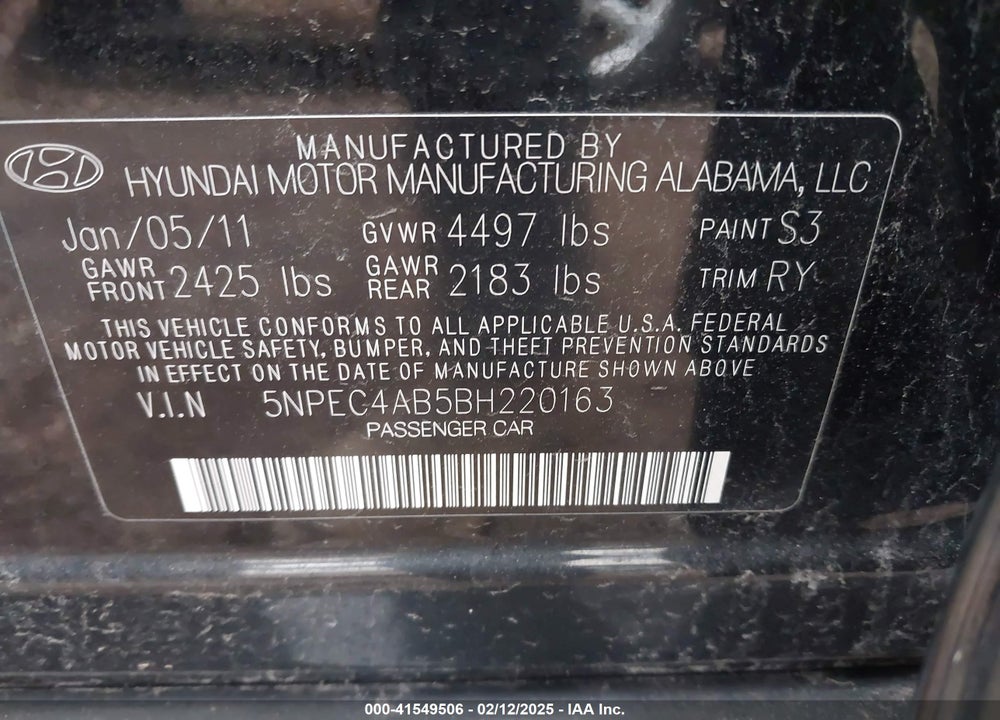 2011 HYUNDAI SONATA SE 2.0T VIN: 5NPEC4AB5BH220163