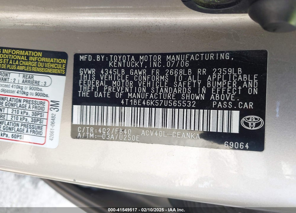 2007 TOYOTA CAMRY VIN: 4T1BE46K57U565532