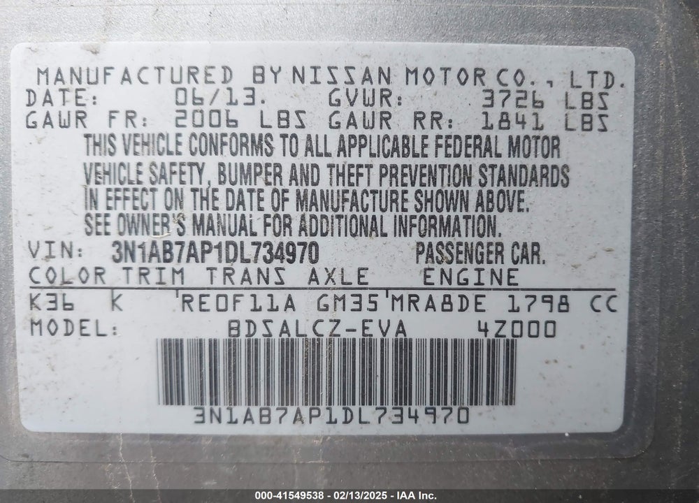 2013 NISSAN SENTRA VIN: 3N1AB7AP1DL734970