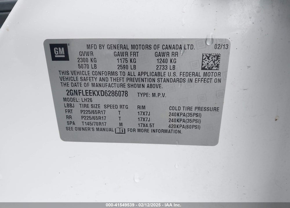 2013 CHEVROLET EQUINOX LT VIN: 2GNFLEEKXD1206078