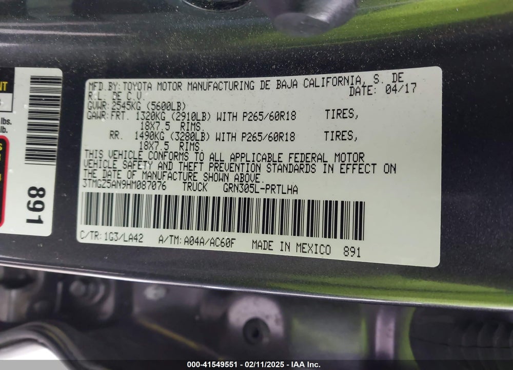 2017 TOYOTA TACOMA VIN: 3TMGZ5AN9HM087076