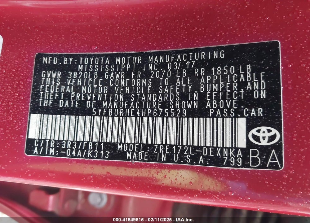 2017 TOYOTA COROLLA LE VIN: 5YFBURHE4HP675529