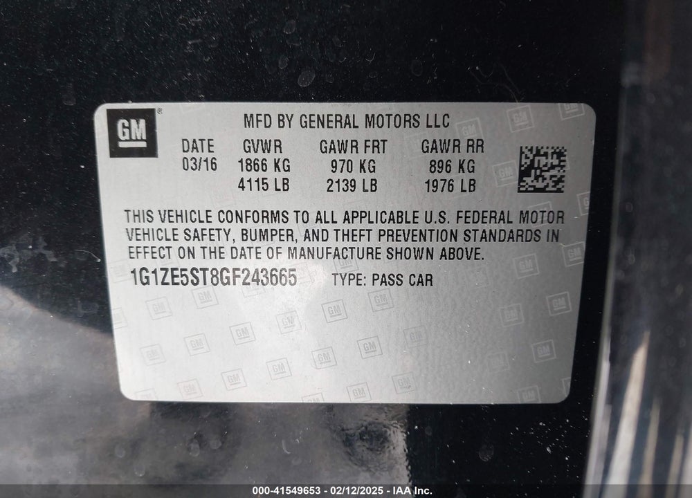 2016 CHEVROLET MALIBU VIN: 1G1ZE5ST8GF243665