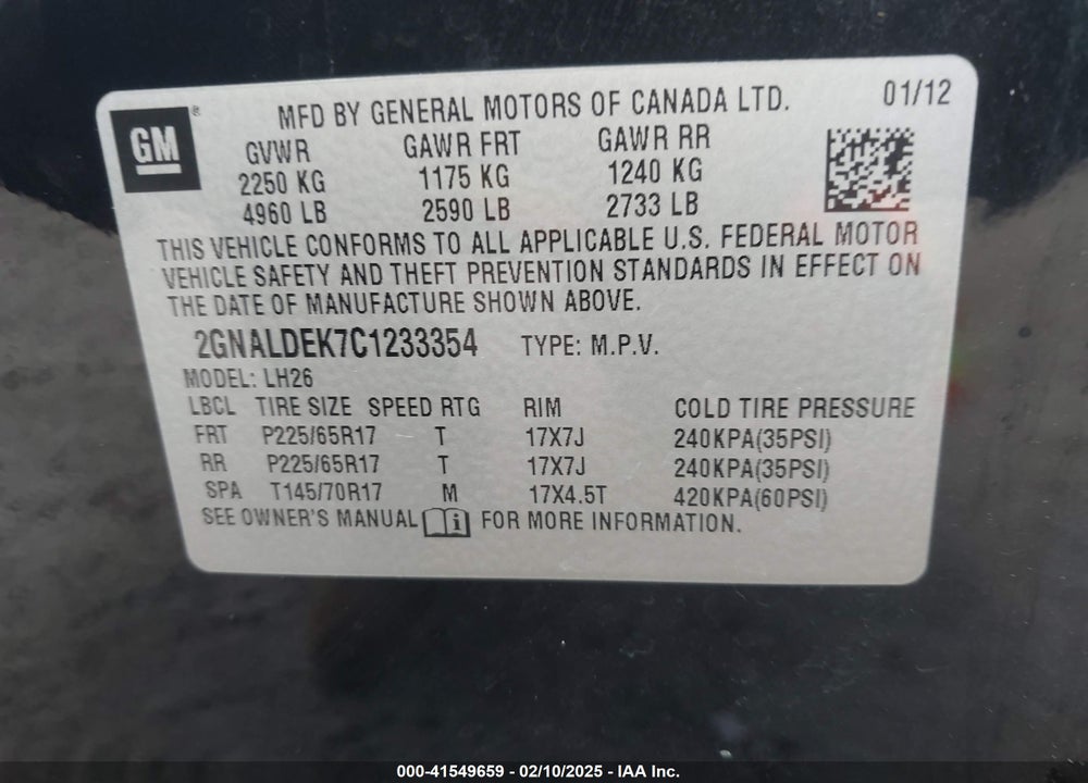 2012 CHEVROLET EQUINOX 1LT VIN: 2GNALDEK7C1233354
