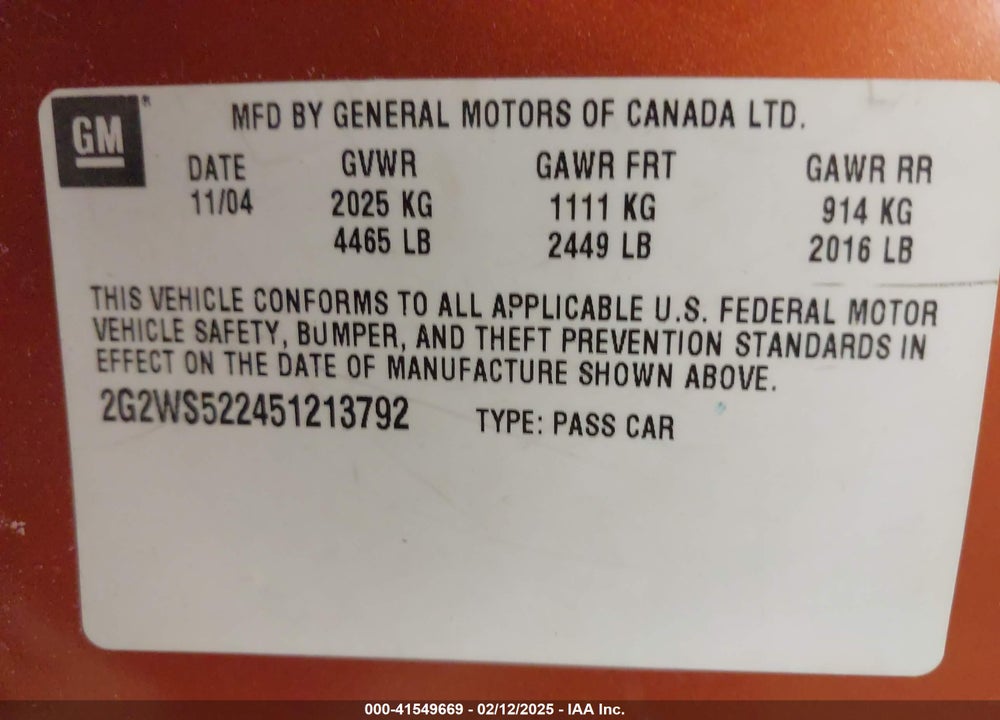 2005 PONTIAC GRAND PRIX VIN: 2G2WS522451213792