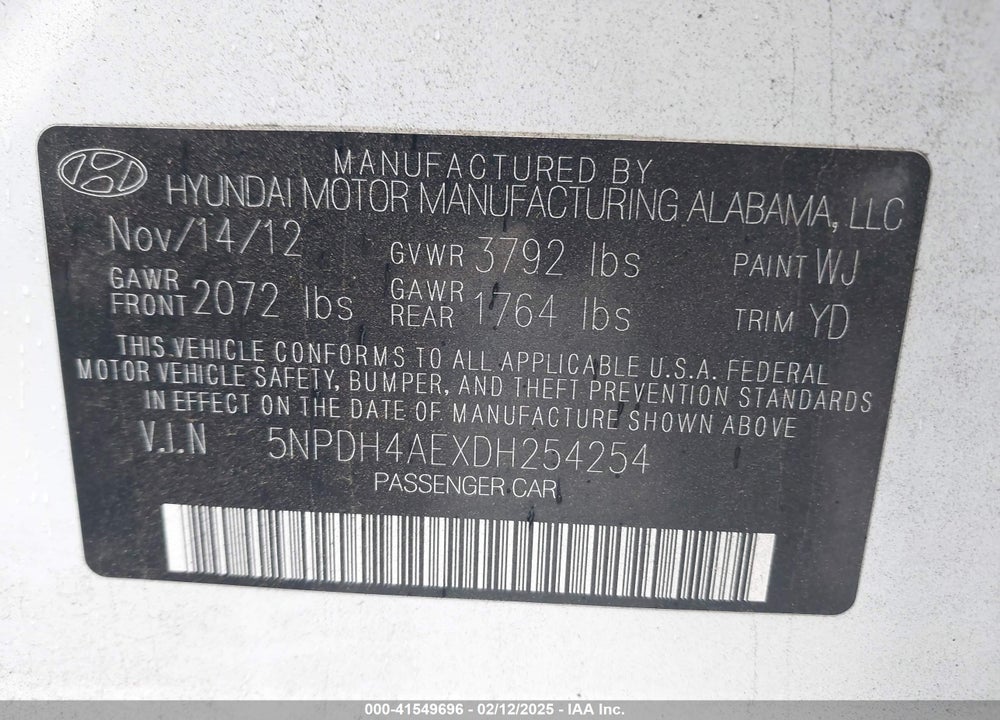 2013 HYUNDAI ELANTRA VIN: 5NPDH4AEXDH254254