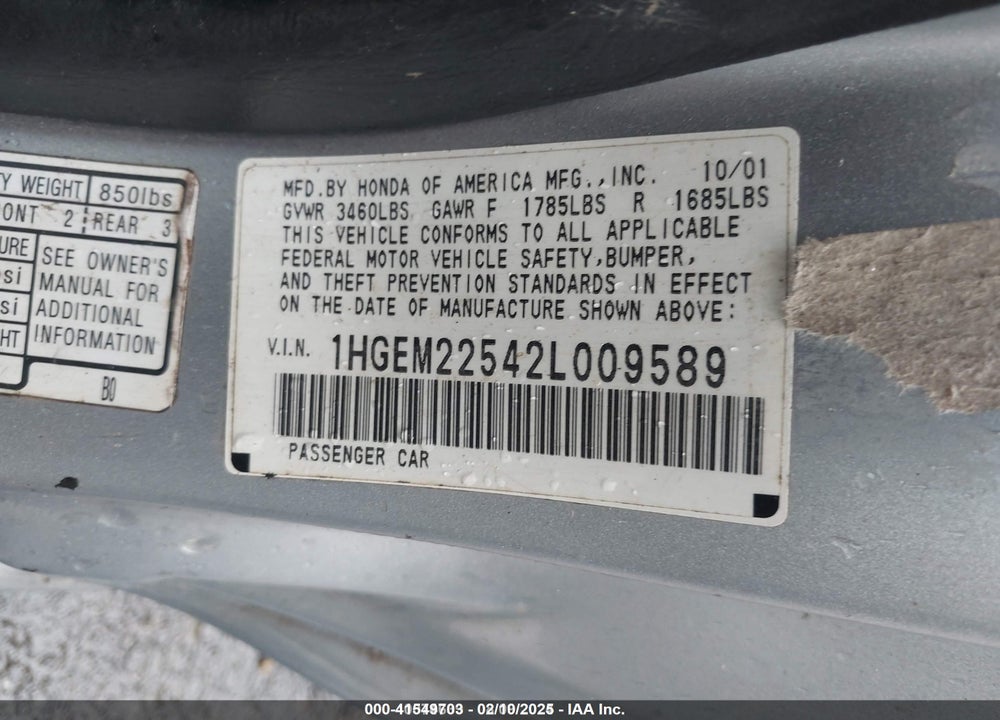 2002 HONDA CIVIC LX VIN: 1HGEM22542L009589