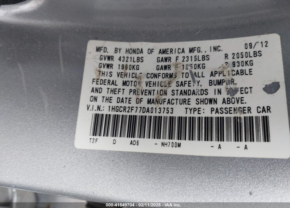 2013 HONDA ACCORD VIN: 1HGCR2F77DA013753