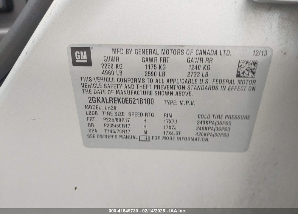 2014 GMC TERRAIN SLE-2 VIN: 2GKALREK0E6218100