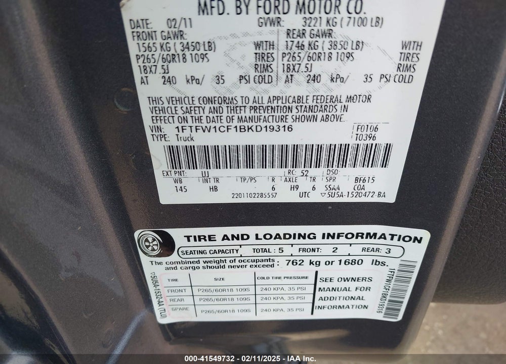 2011 FORD F-150 LARIAT VIN: 1FTFW1CF1BKD19316