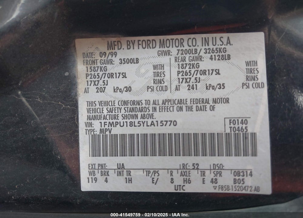 2000 FORD EXPEDITION EDDIE BAUER VIN: 1FMPU18L5YLA15770