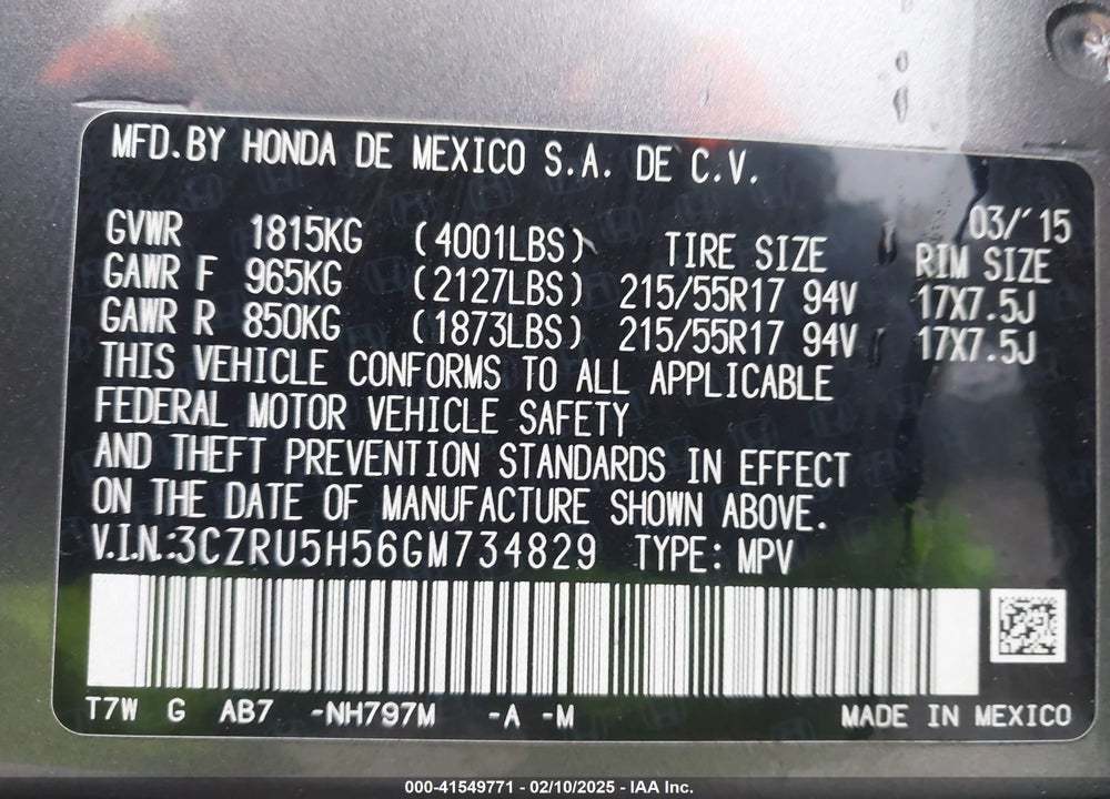 2016 HONDA HR-V EX VIN: 3CZRU5H56GM734829