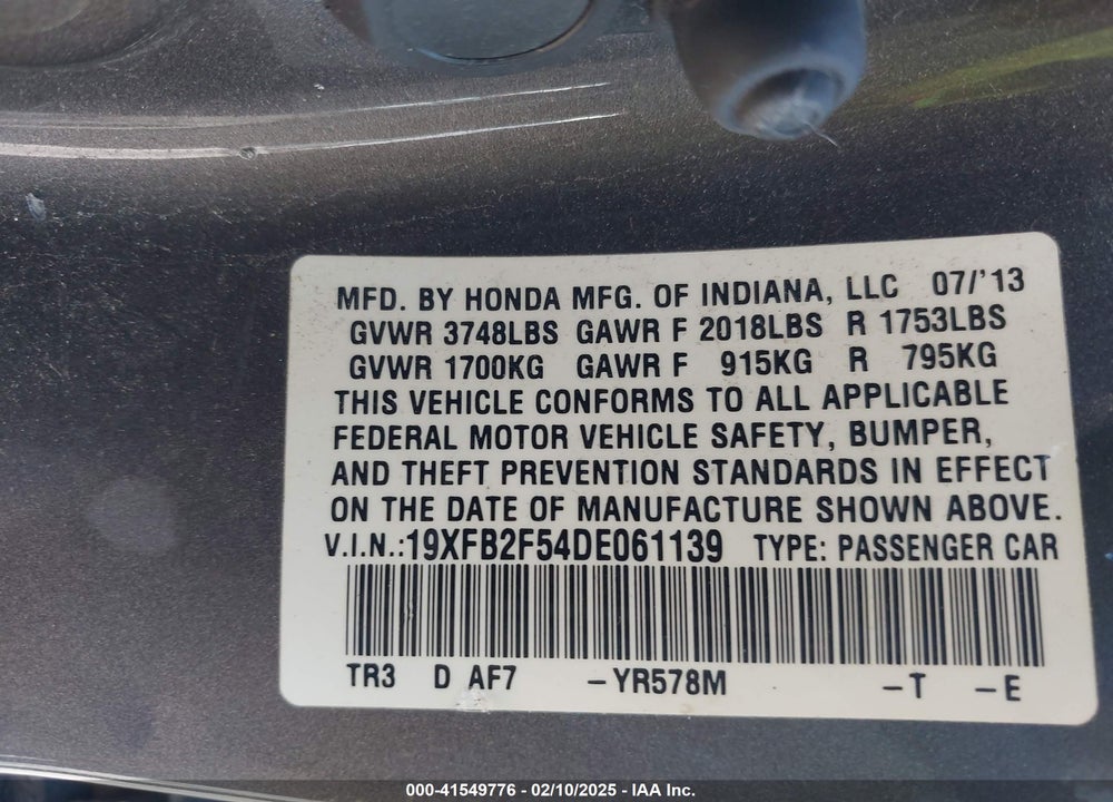2013 HONDA CIVIC VIN: 19XFB2F54DE061139
