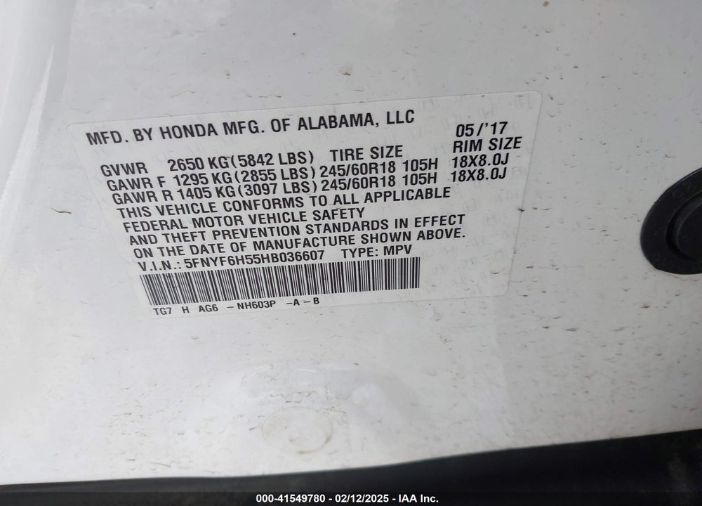 2017 HONDA PILOT VIN: 5FNYF6H55HB036607