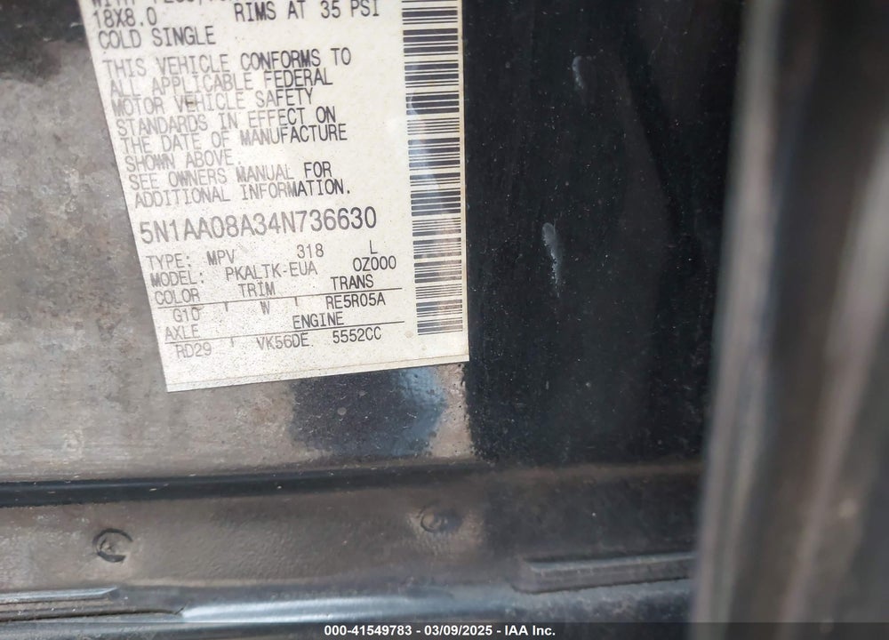 2004 NISSAN PATHFINDER ARMADA VIN: 5N1AA08A34N736630