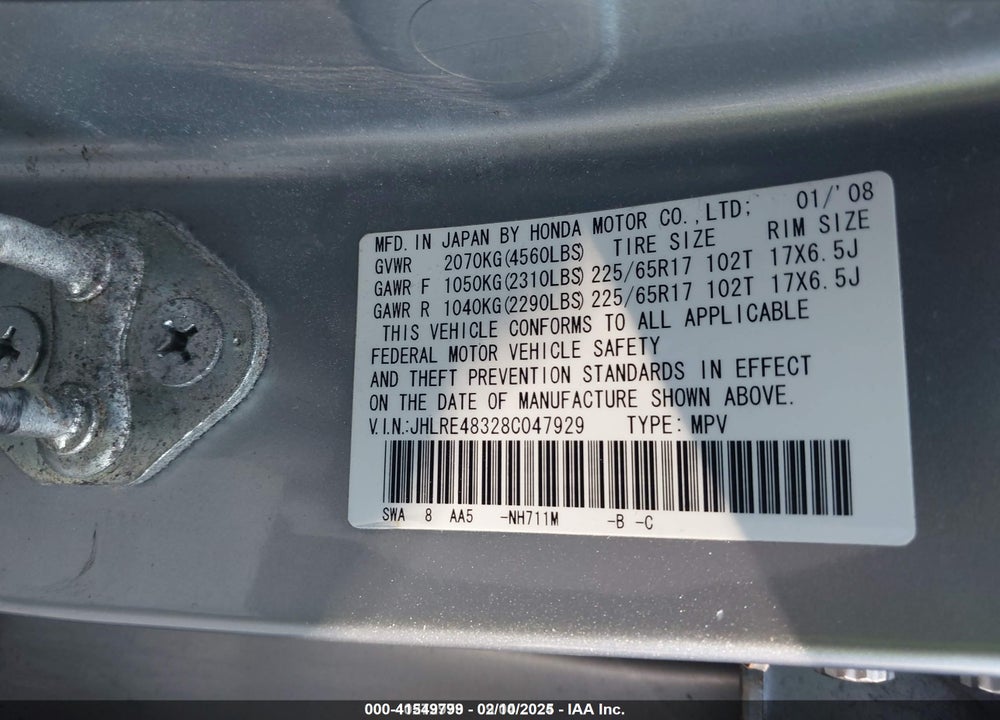 2008 HONDA CR-V LX VIN: JHLRE48328C047929